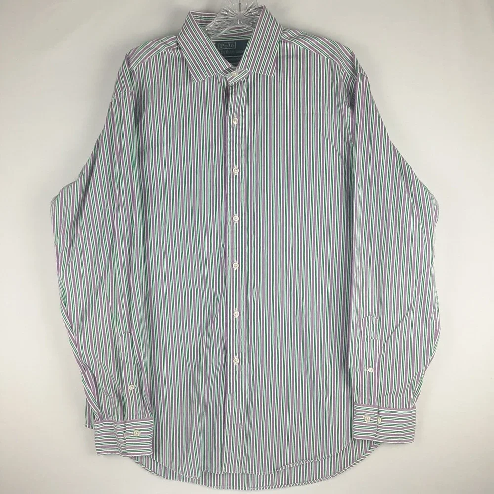 Polo Ralph Lauren Shirt Men's 16.5 34/35 Purple Striped Classic Fit Button Up